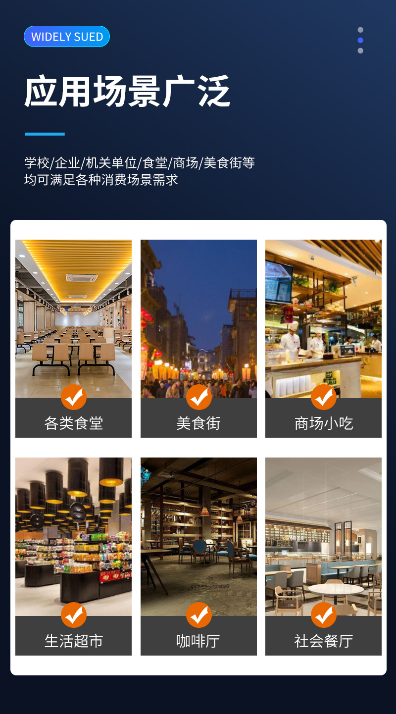 應用場景廣泛,學校、企業(yè)、機關單位、食堂、商場、美食街等,均可滿足各類消費場景需求
