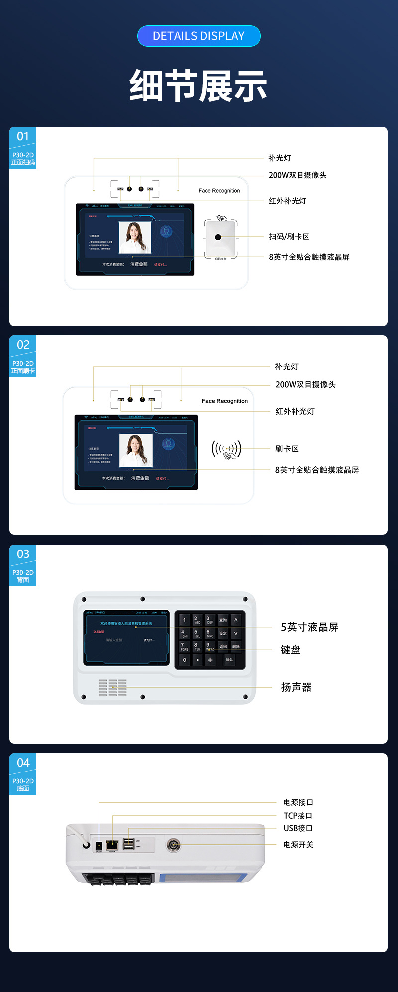 細節(jié)展示,正面、背面、底面,補光燈,200W雙目攝像頭,紅外補光燈,掃碼/刷卡區(qū),8英寸全貼合觸控液晶屏,5英寸液晶屏,鍵盤,揚聲器,電源接口,TCP接口,USB接口,電源開關