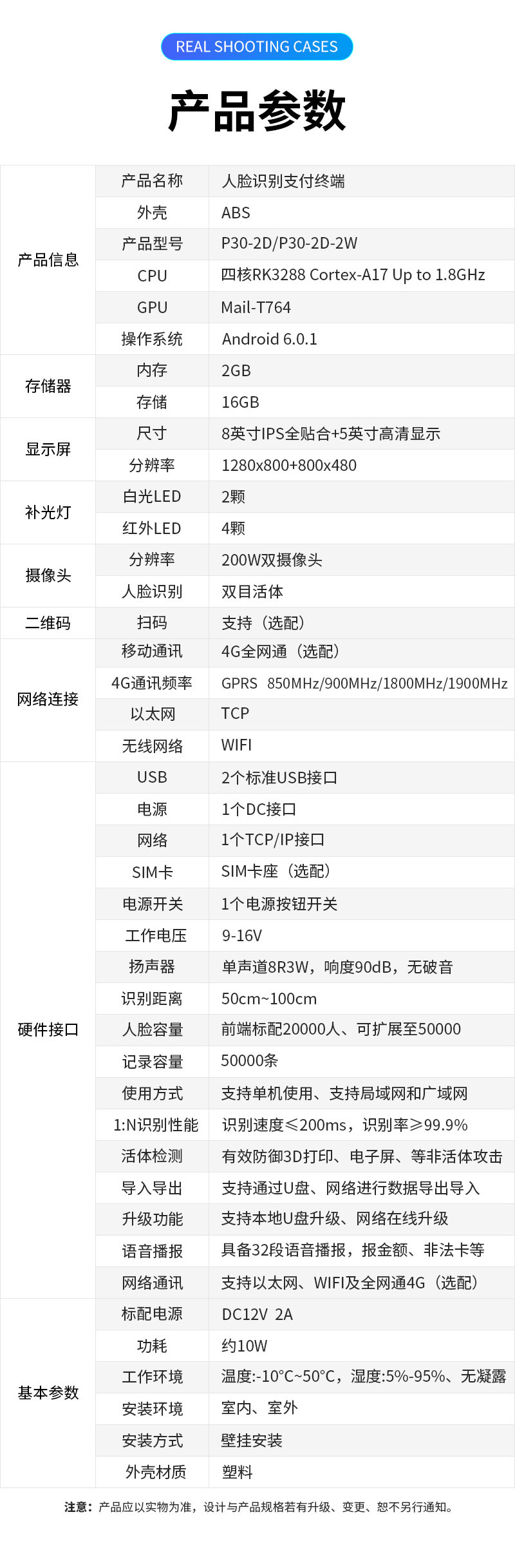 產(chǎn)品參數(shù),產(chǎn)品名稱：人臉識別支付終端,外殼：ABS塑料,產(chǎn)品型號：P30-2D/P30-2D-2W,CPU：四核RK3288 Cortex-A17 Up to 1.8GHz,GPU：Mail-T764,操作系統(tǒng)：Android 6.0.1,內(nèi)存：2GB,存儲：16GB,顯示屏尺寸：8英寸IPS全貼合＋5英寸高清顯示,分辨率：1280×800＋800×480,補光燈:白光LED2顆,紅外LED	4顆,攝像頭分辨率：200W雙目攝像頭,人臉識別：雙目活體，二維碼：掃碼支持（選配）,網(wǎng)絡連接移動通訊：4G全網(wǎng)通（選配）,4G通訊頻率：GPRS?850MHz?/900MHz?/1800MHz?/1900MHz,以太網(wǎng)：TCP,無線網(wǎng)絡：WIFI,硬件接口USB：2個標準USB接口,電源：1個DC接口,網(wǎng)絡：1個TCP/IP接口,SIM卡:SIM卡座（選配）,電源開關：1個電源按鈕開關,工作電壓：9-16V,揚聲器：單聲道8R3W，響度90dB，無破音,識別距離：50cm～100cm ,人臉容量：前端標配20000人、可擴展至50000，支持超大容量后端識別,記錄容量：50000條,使用方式：支持單機使用、支持局域網(wǎng)和廣域網(wǎng),1:N識別性能：識別速度≤200mS，識別率≥99.9%,活體檢測：有效防御3D打印、電子屏、視頻、圖片、面具等非活體攻擊,導入導出：支持通過U盤、網(wǎng)絡進行數(shù)據(jù)及參數(shù)導入導出,升級功能：支持本地U盤升級、網(wǎng)絡在線升級,語音播報：具備32段語音播報，報金額，報限次，報非法卡等,網(wǎng)絡通訊：支持以太網(wǎng)、WIFI及全網(wǎng)通4G（選配）, 基本參數(shù)標配電源：DC12V 2A,功耗：約10W,工作環(huán)境：溫度：-10℃～50℃，濕度：5％-95％、無凝露,安裝環(huán)境：室內(nèi)、室外,安裝方式：壁掛安裝,外殼材質(zhì)：塑料,注意：產(chǎn)品應以實物為準，設計與產(chǎn)品規(guī)格若有升級、變更，恕不另行通知。